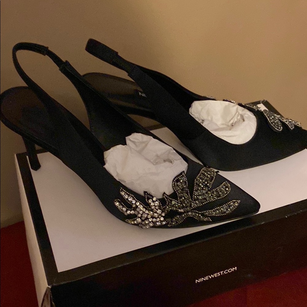 9 West black sling back silk heel with silver rhinestones size 6 brand new